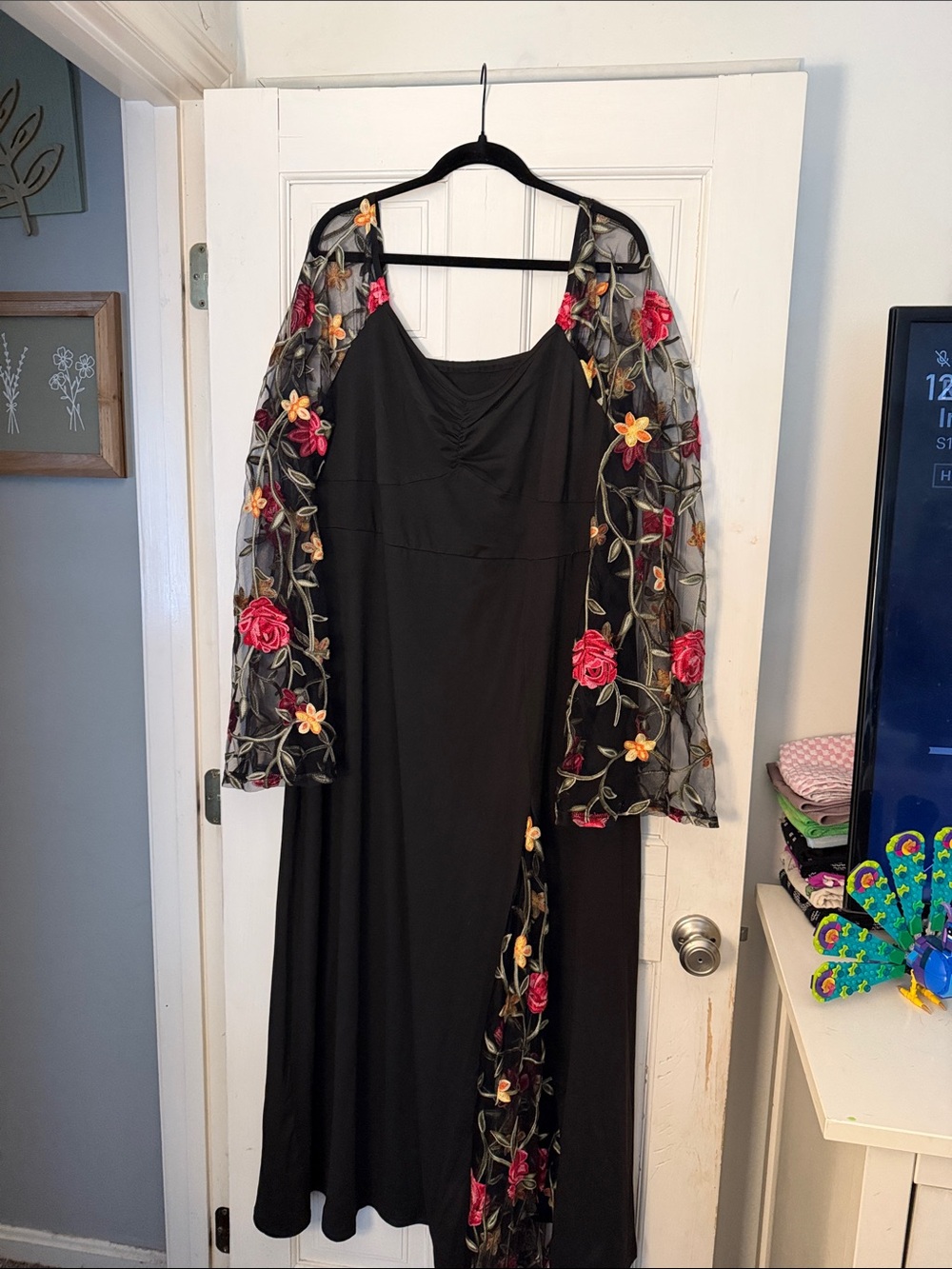 SHEIN Black Maxi Dress with Red & Yellow Floral Embroidery